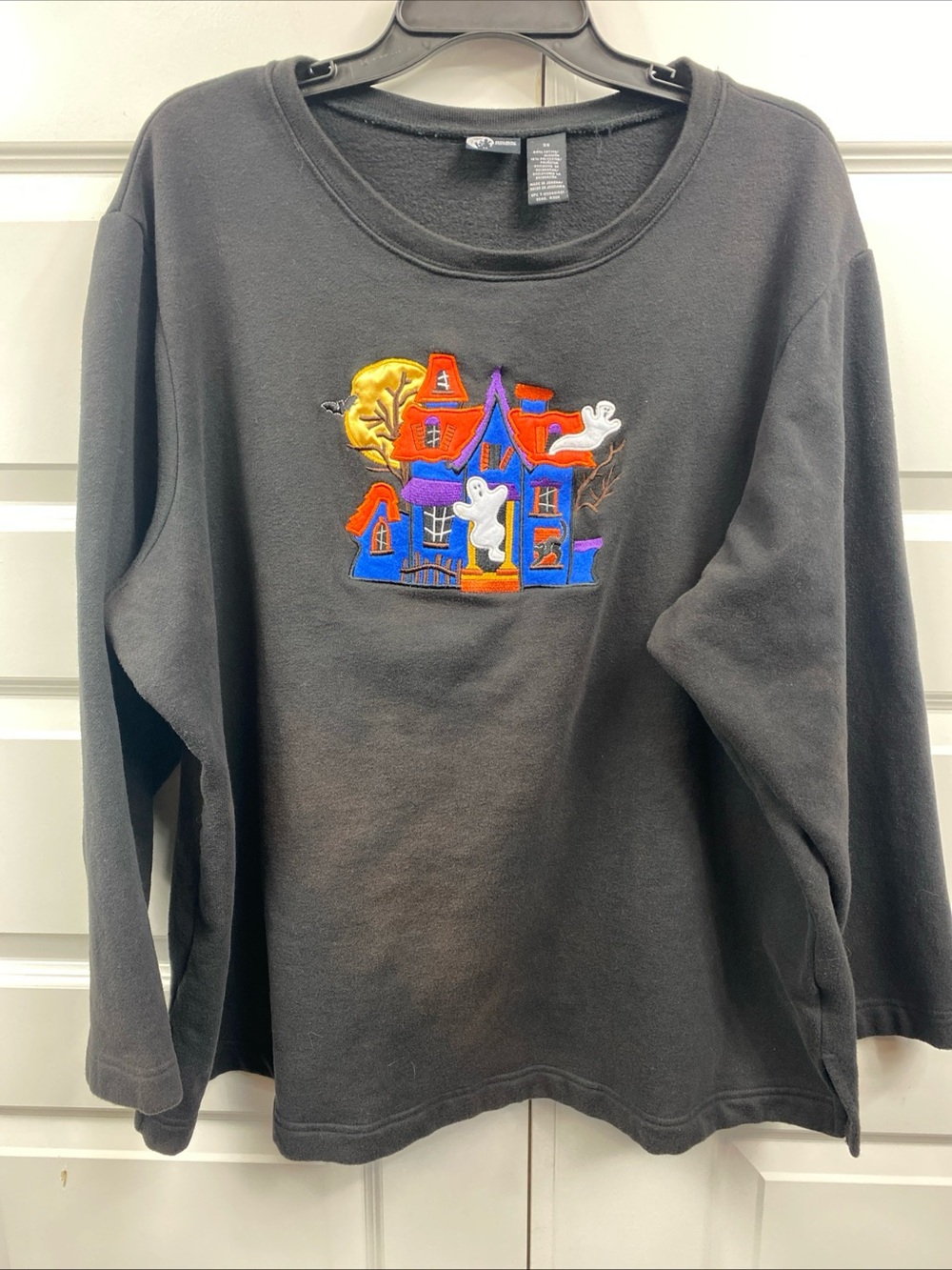 Halloween Sweatshirt Women’s 3X Ghost Haunted House Moon Felt Embroidered Black - Picture 4 of 6